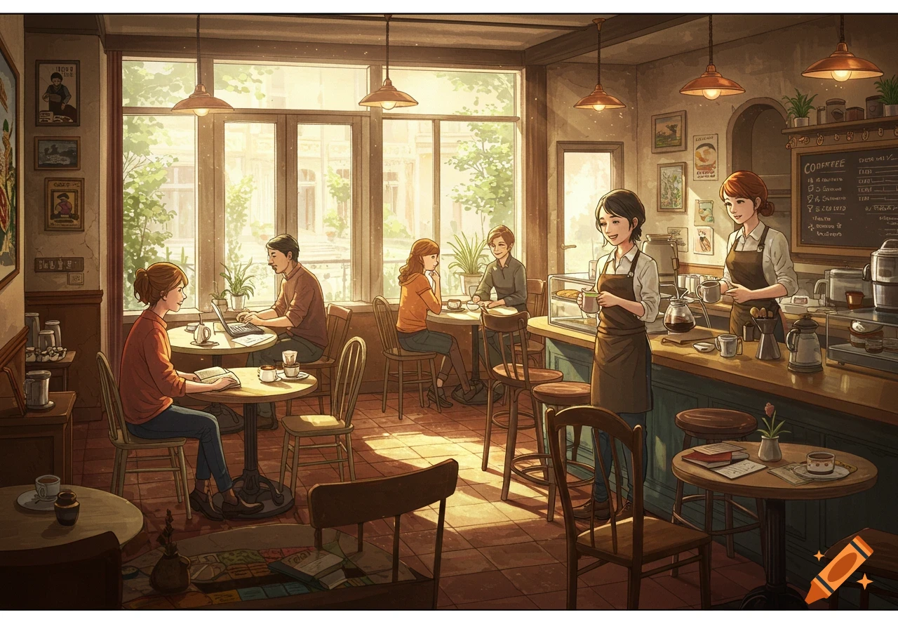 Warm, sunny illustration of a coffee shop interior with customers and baristas.