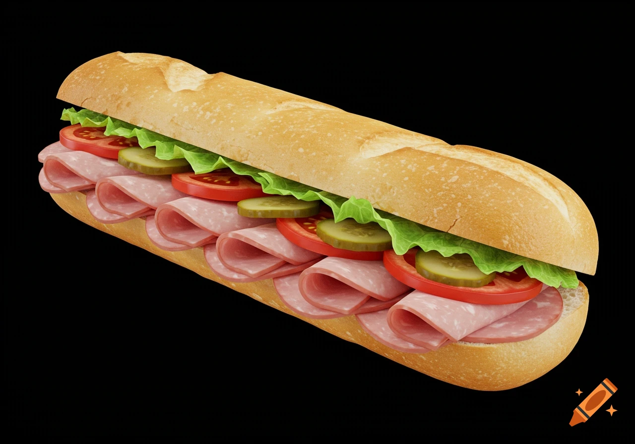 A realistic photo of a submarine sandwich on a black background. The sandwich contains ham, lettuce, tomatoes, and pickles.