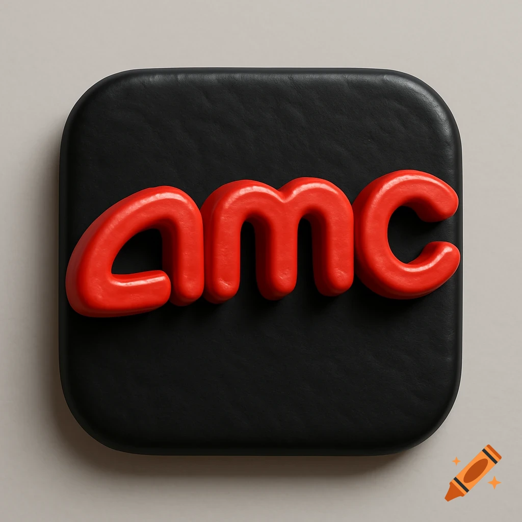 3D extruded clay style red AMC logo on a rounded black square background.