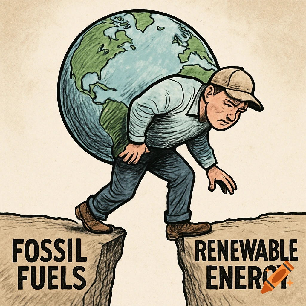 Political cartoon of man carrying Earth stepping from 'FOSSIL FUELS' cliff to 'RENEWABLE ENERGY' cliff.