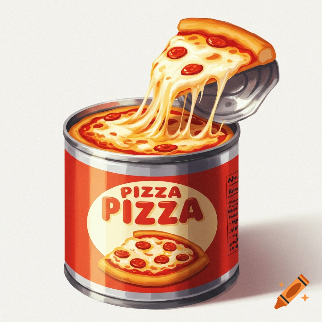 A slice of cheesy pizza melting over the top of an open can labeled "PIZZA PIZZA".