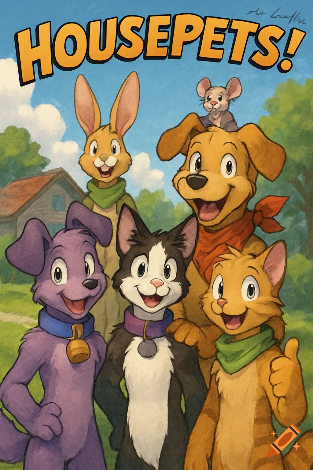 Cartoon illustration of anthropomorphic animals including dogs, cats, rabbit, and mouse under the title 'HOUSEPETS!'