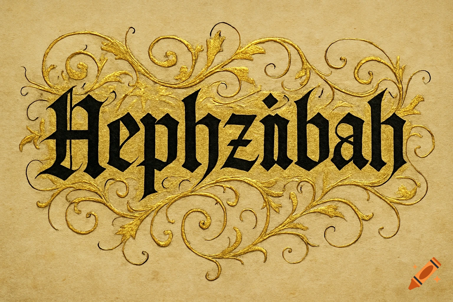 Black letter calligraphy of 'Hephzibah' with gold leaf on textured paper.
