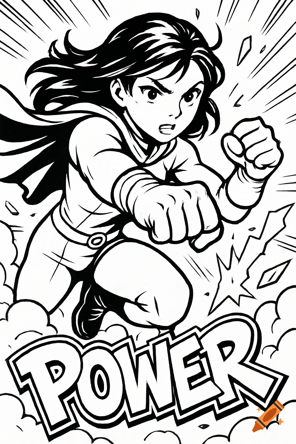 Black and white comic art of a superhero girl punching forward with the word POWER below.