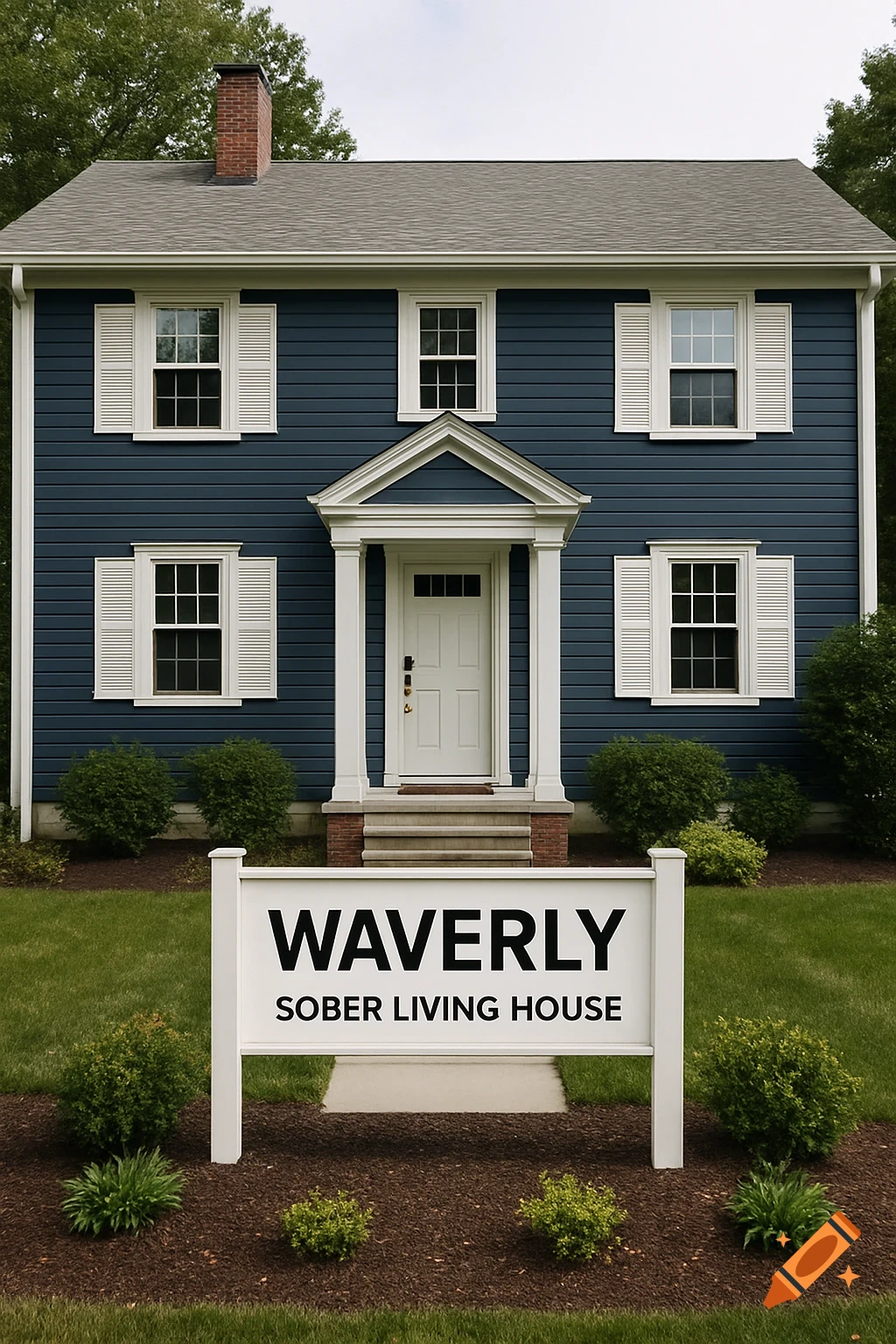 A blue house with white trim and a white sign in the yard reading "WAVERLY SOBER LIVING HOUSE". Photorealistic.