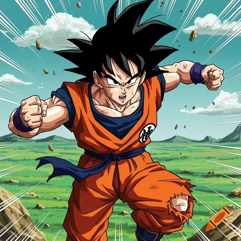 Goku in an action pose in an anime style with dynamic lines and a landscape background