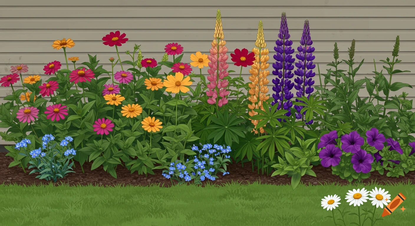A cartoon illustration of a vibrant flower garden with various colorful flowers along a house wall.