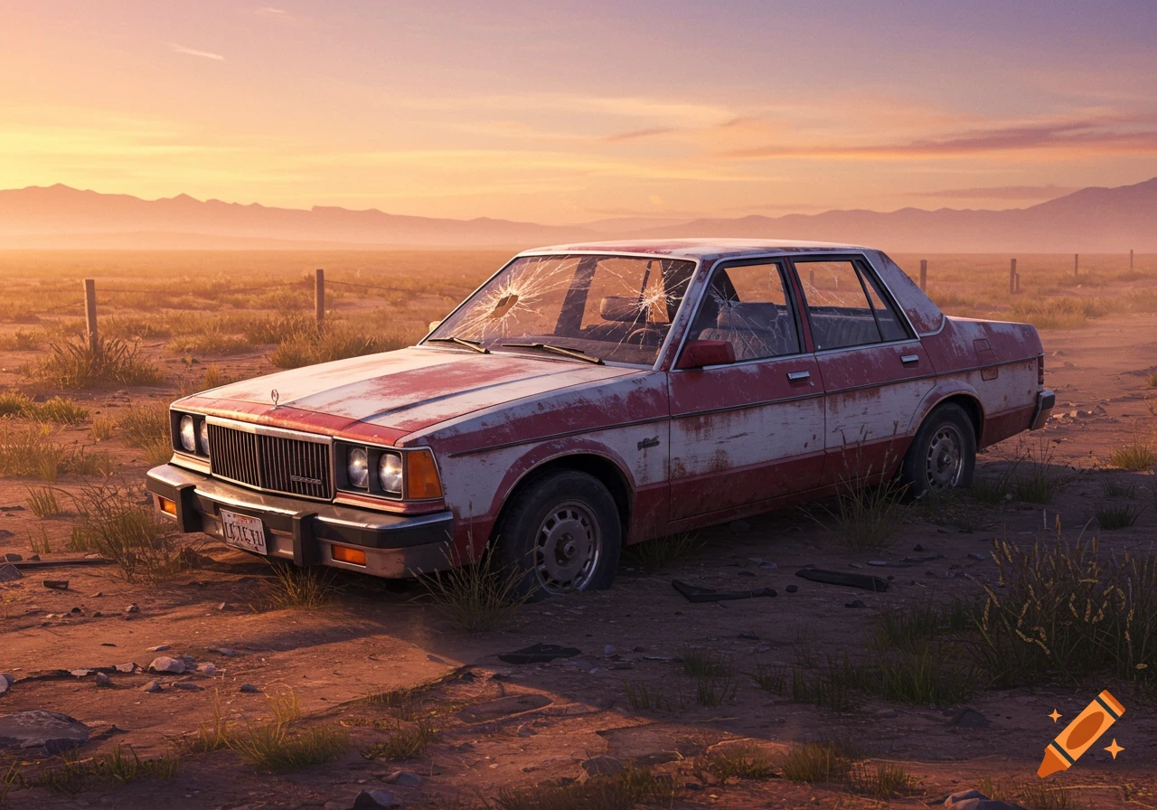 A rusty, broken red and white sedan sits abandoned in a dry field under a sunset sky.