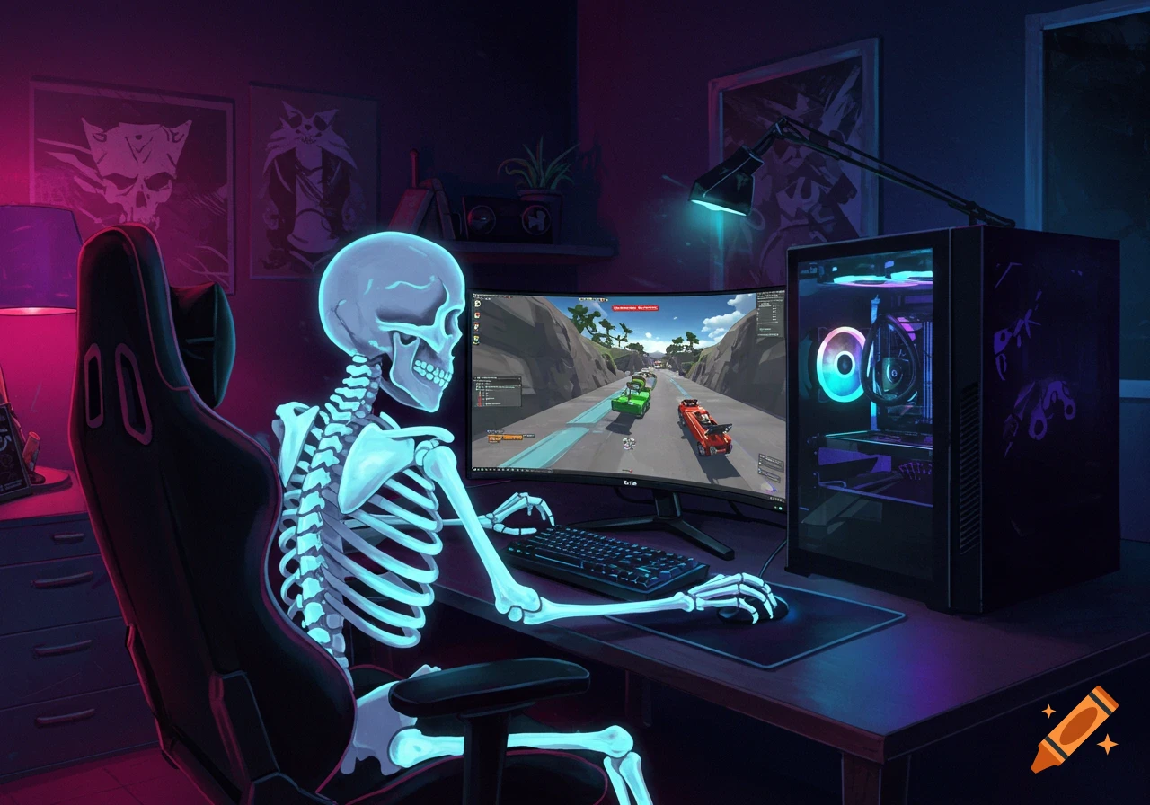 Cartoon skeleton in a gaming chair playing a racing video game on a PC.