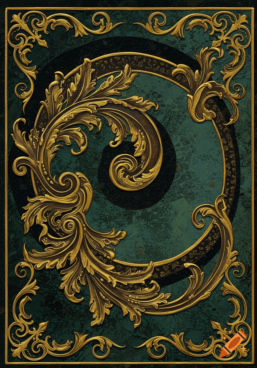 Ornate gold filigree pattern on a dark teal textured background.