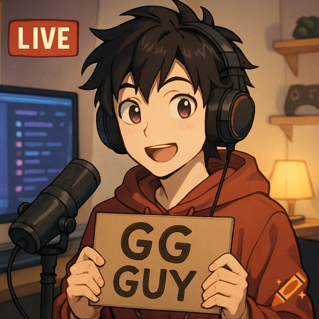 An anime person wearing headphones holds a sign saying GG GUY while streaming.