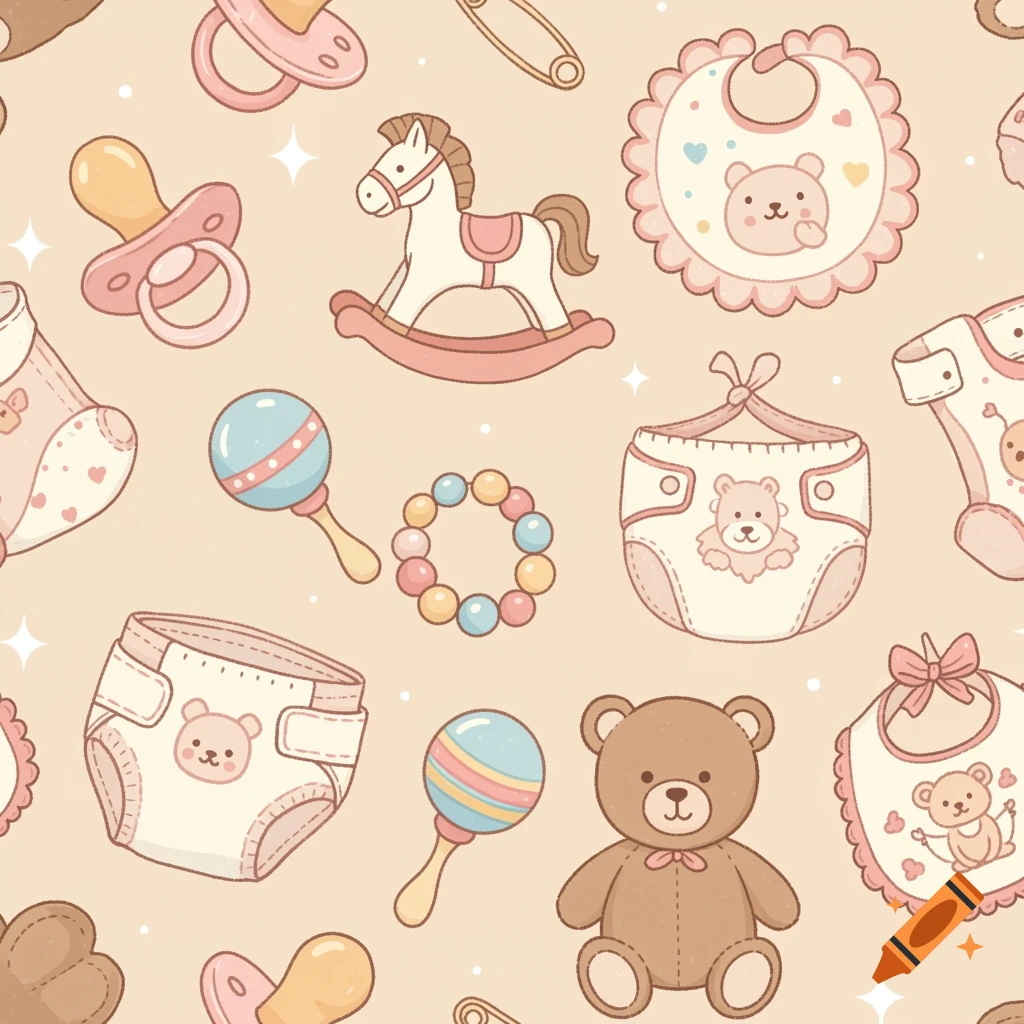 A seamless pattern illustration of cute baby items like pacifiers, rattles, bibs, diapers, and a teddy bear.