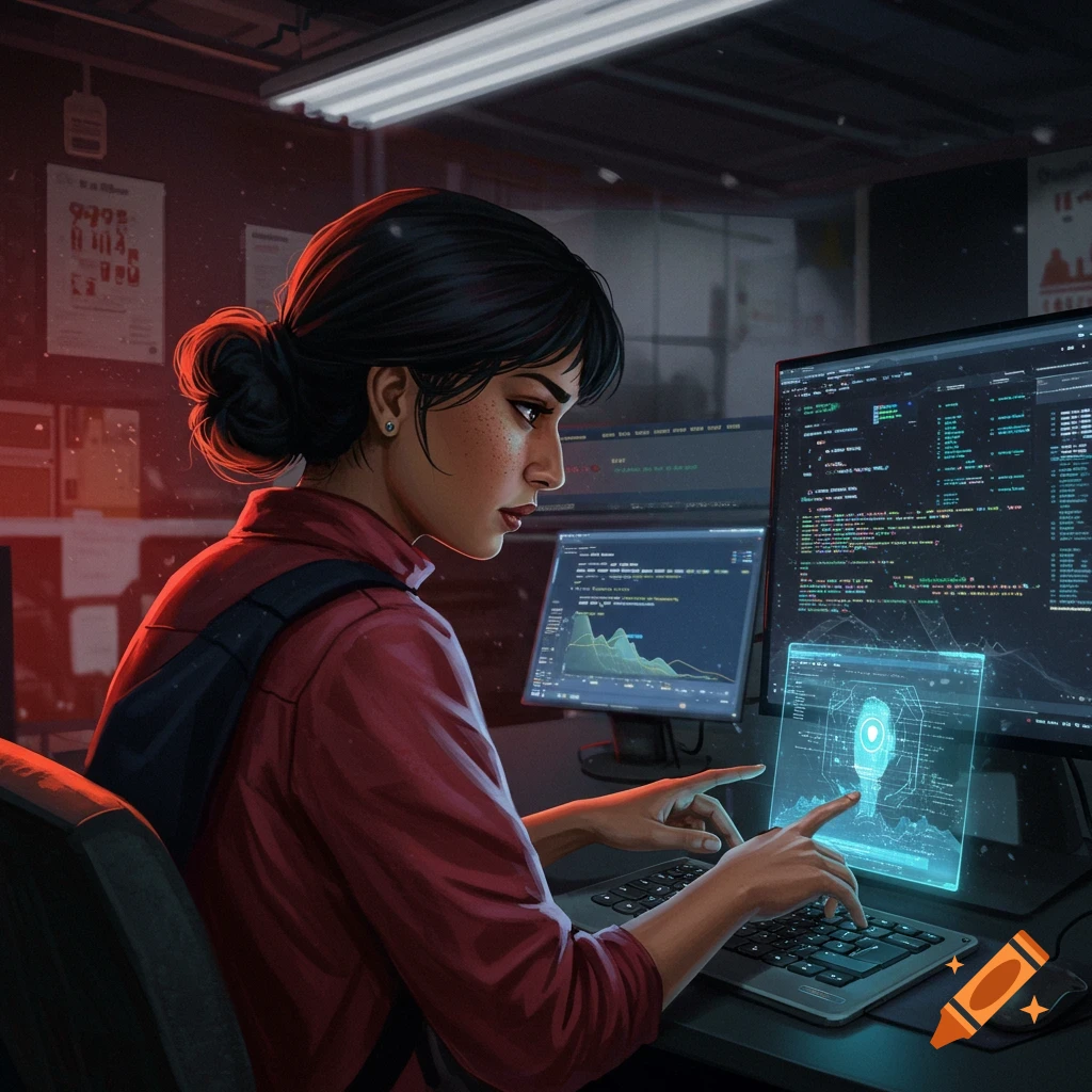 Digital painting of a woman programmer working on multiple computer screens in a dark office.