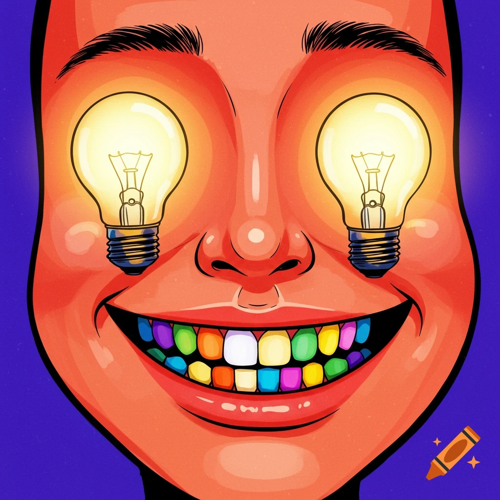 Illustration of a face with glowing light bulbs for eyes and rainbow teeth smiling wide against a purple background.
