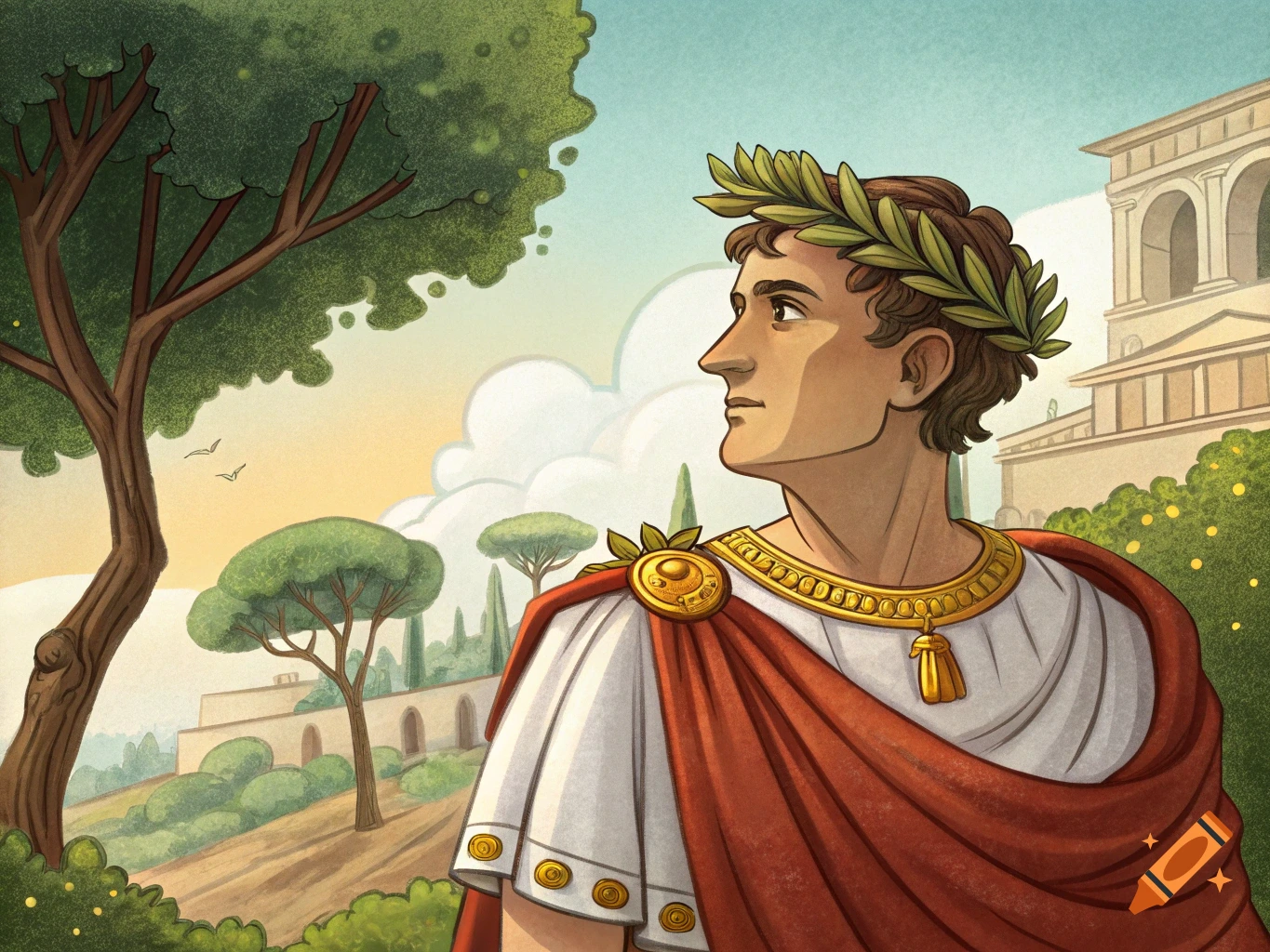 Cartoon portrait of a man in a toga and laurel wreath looking right, with trees and a Roman building in the background.