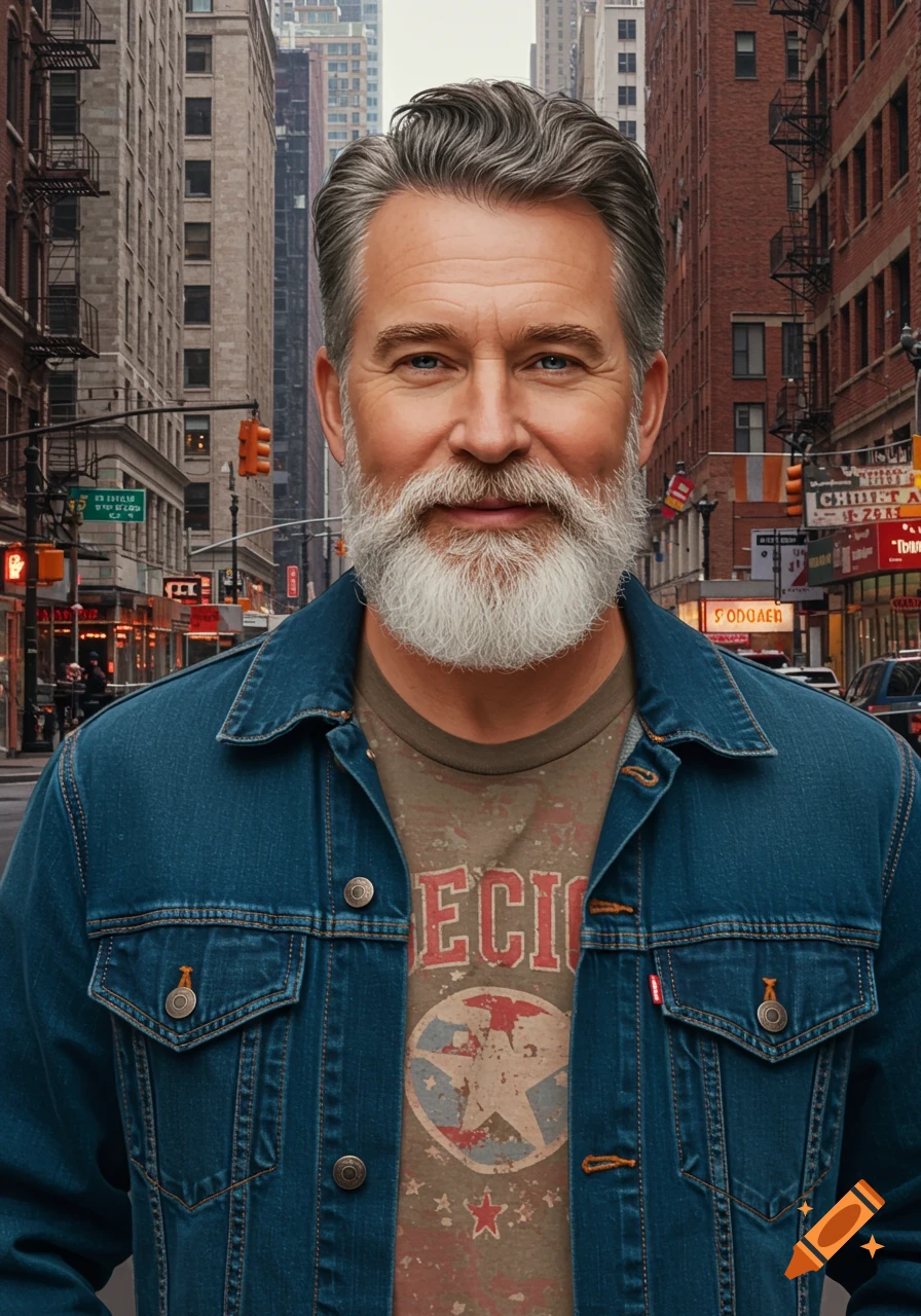 Portrait of a middle-aged man with a grey beard wearing a denim jacket on a city street.