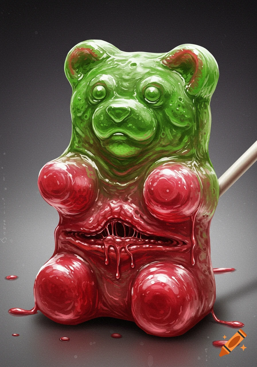 A disturbing, melting green and red gummy bear creature with a gaping mouth and teeth, dripping red liquid.