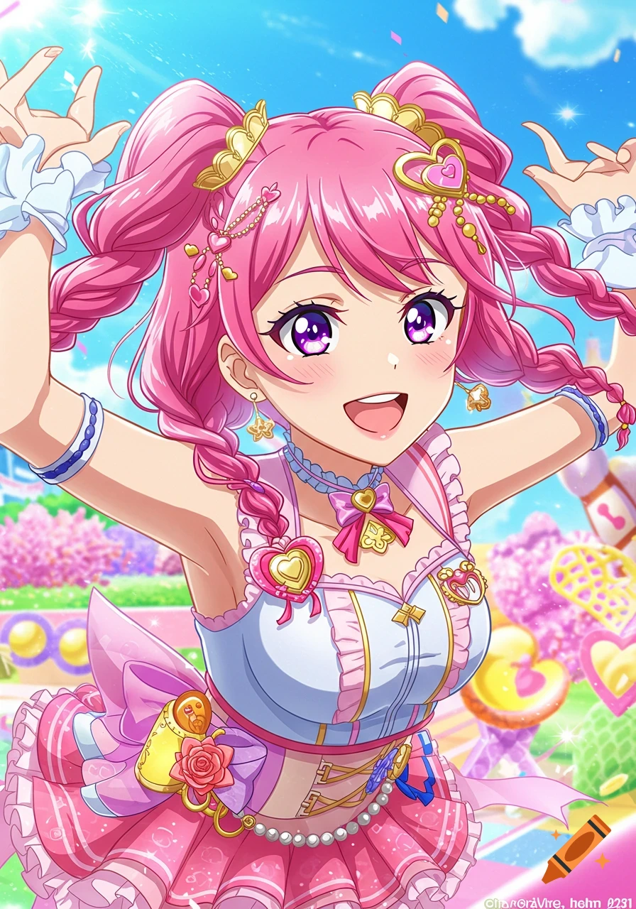 Anime girl with pink pigtails in a pink idol costume smiling on stage