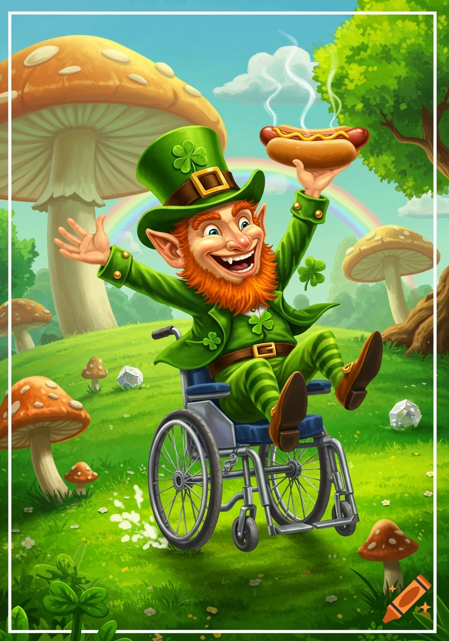 Leprechaun in a wheelchair holds a hotdog in a mushroom field with a rainbow.