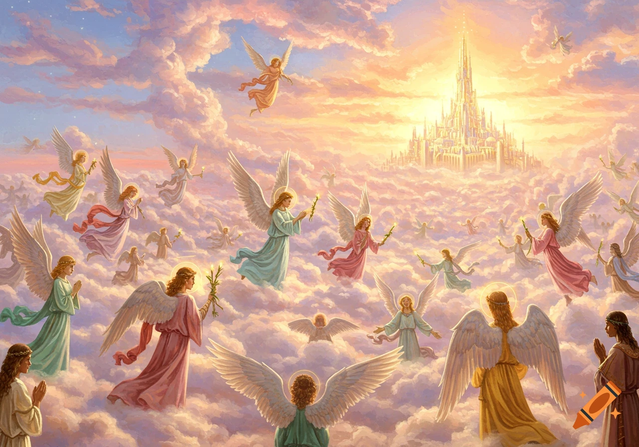 A painting of many angels flying in clouds around a glowing castle in the sky at sunset.