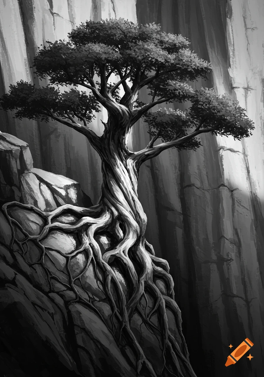 Black and white illustration of a gnarled tree with extensive roots clinging to a rocky cliff.