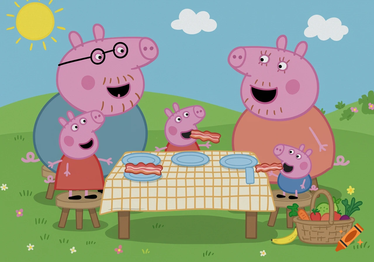 Cartoon of the Peppa Pig family having a picnic and eating bacon.