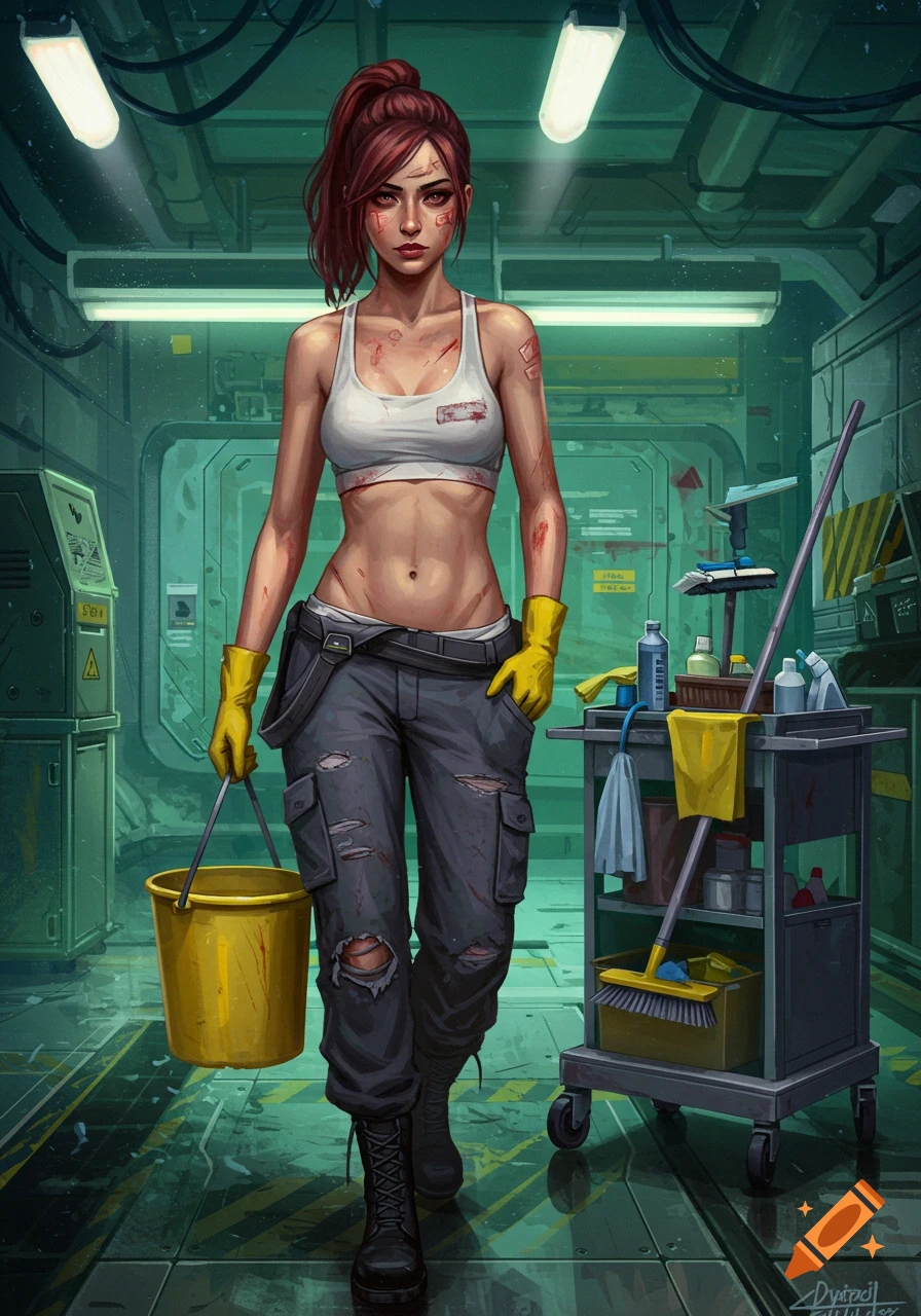 Digital painting of a janitor woman with cuts and bandages, carrying a bucket in a sci-fi industrial corridor with a cleaning cart.