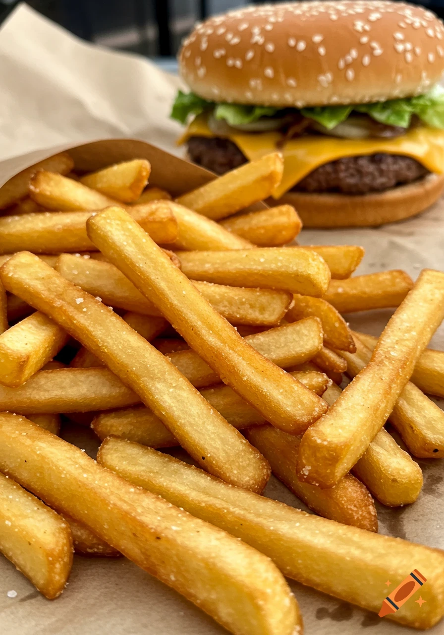 Close-up photo of french fries with a burger in the background.