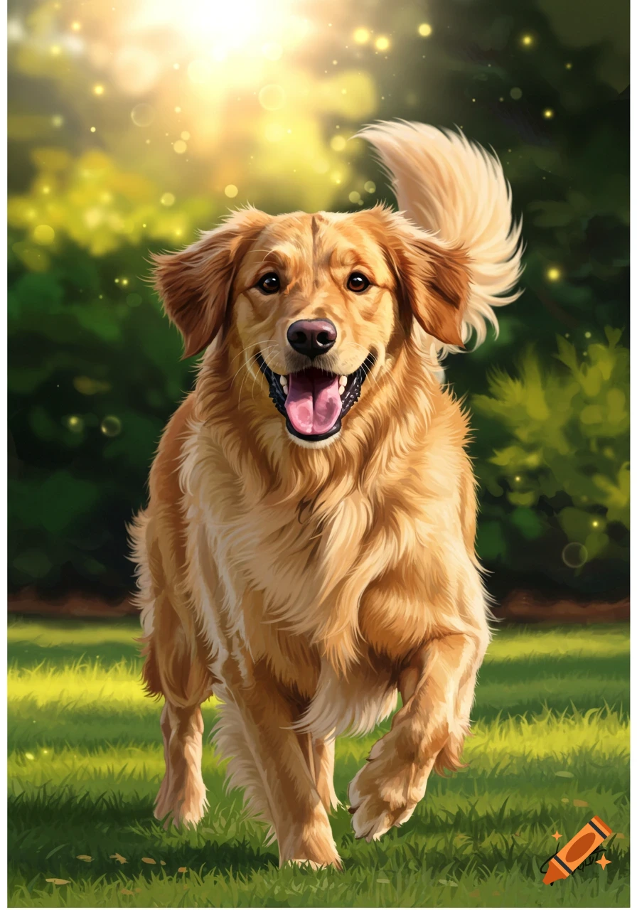 A happy Golden Retriever dog runs through sunny grass in a park in a detailed illustration style.