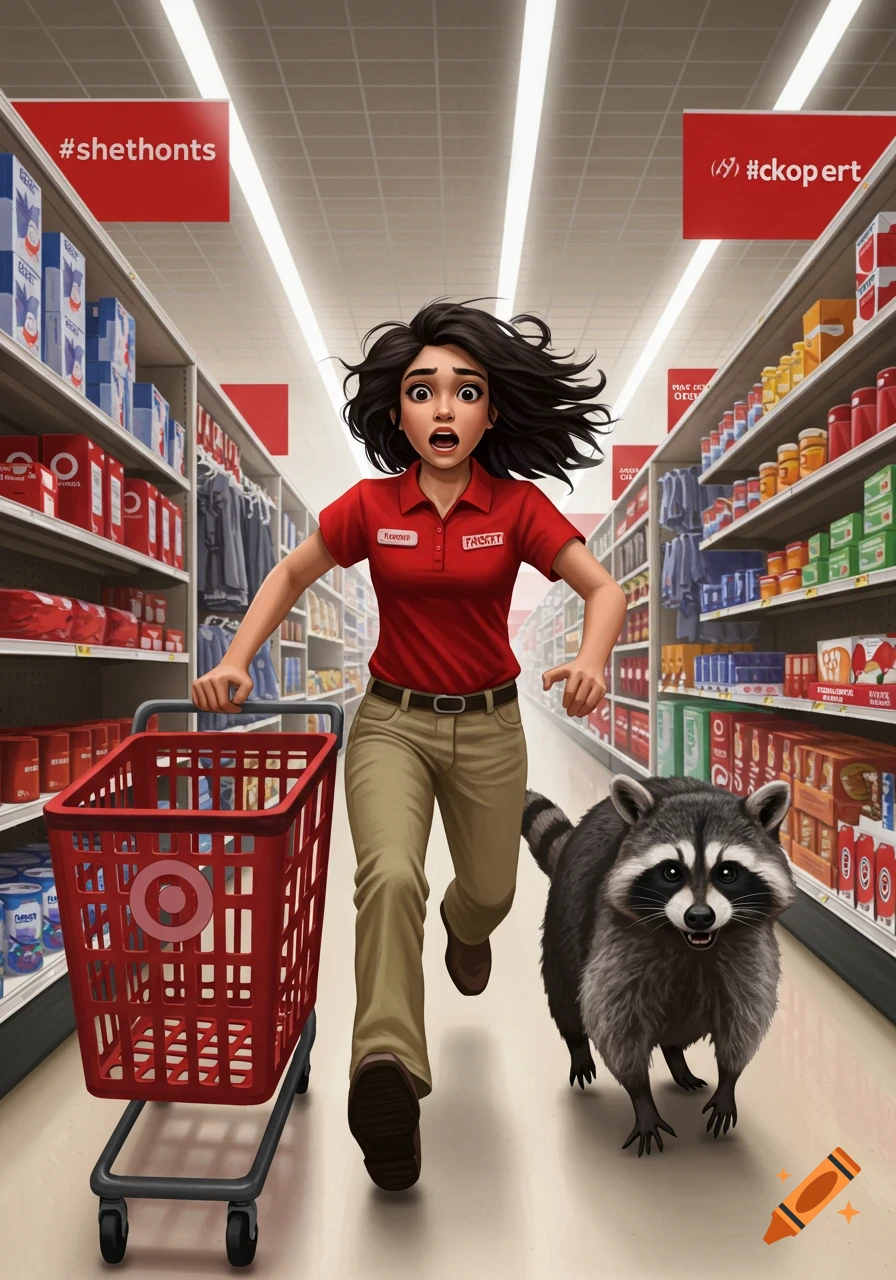 Cartoon girl runs from a raccoon in a grocery store, pushing a cart.