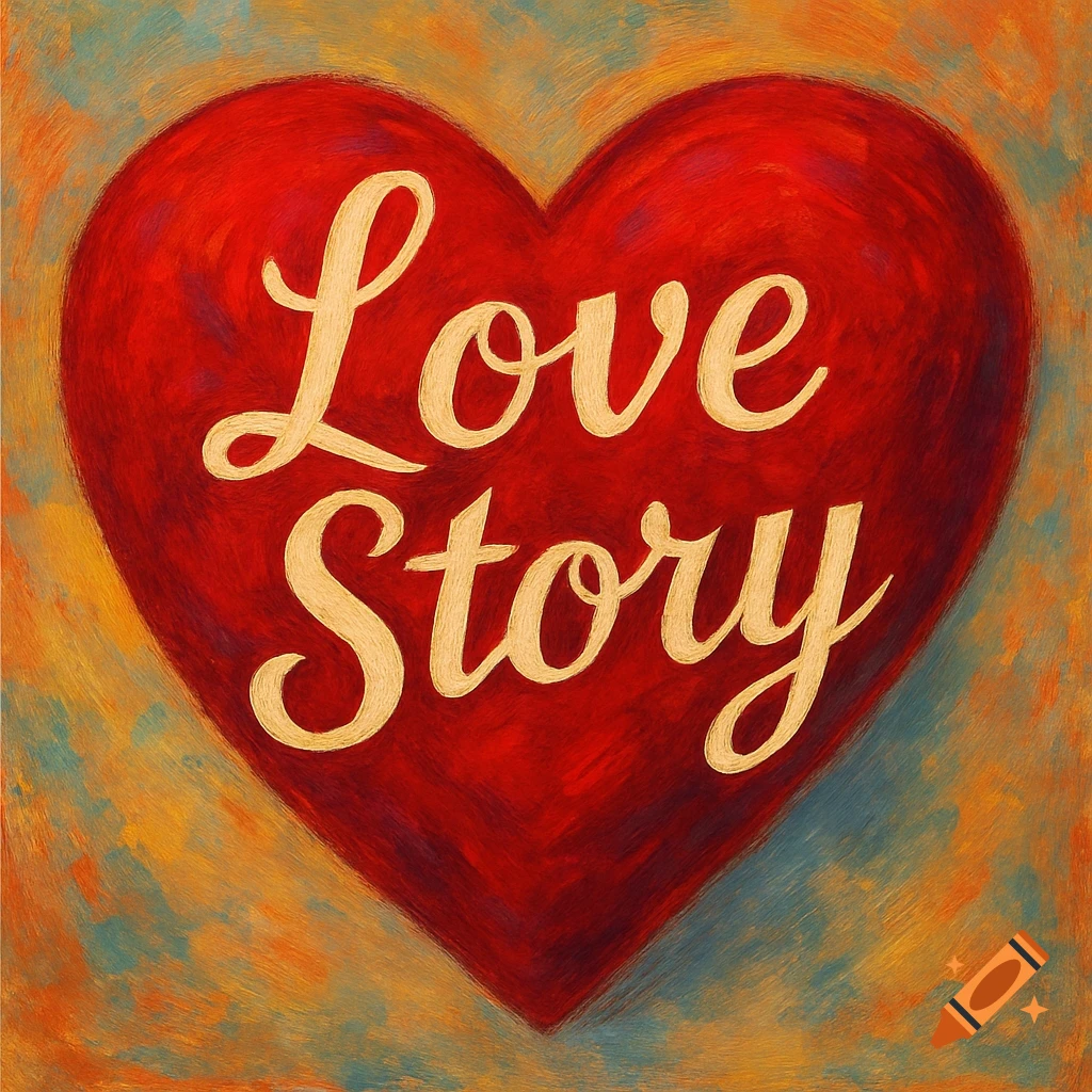 A red heart with the words Love Story written across it in a painterly style.