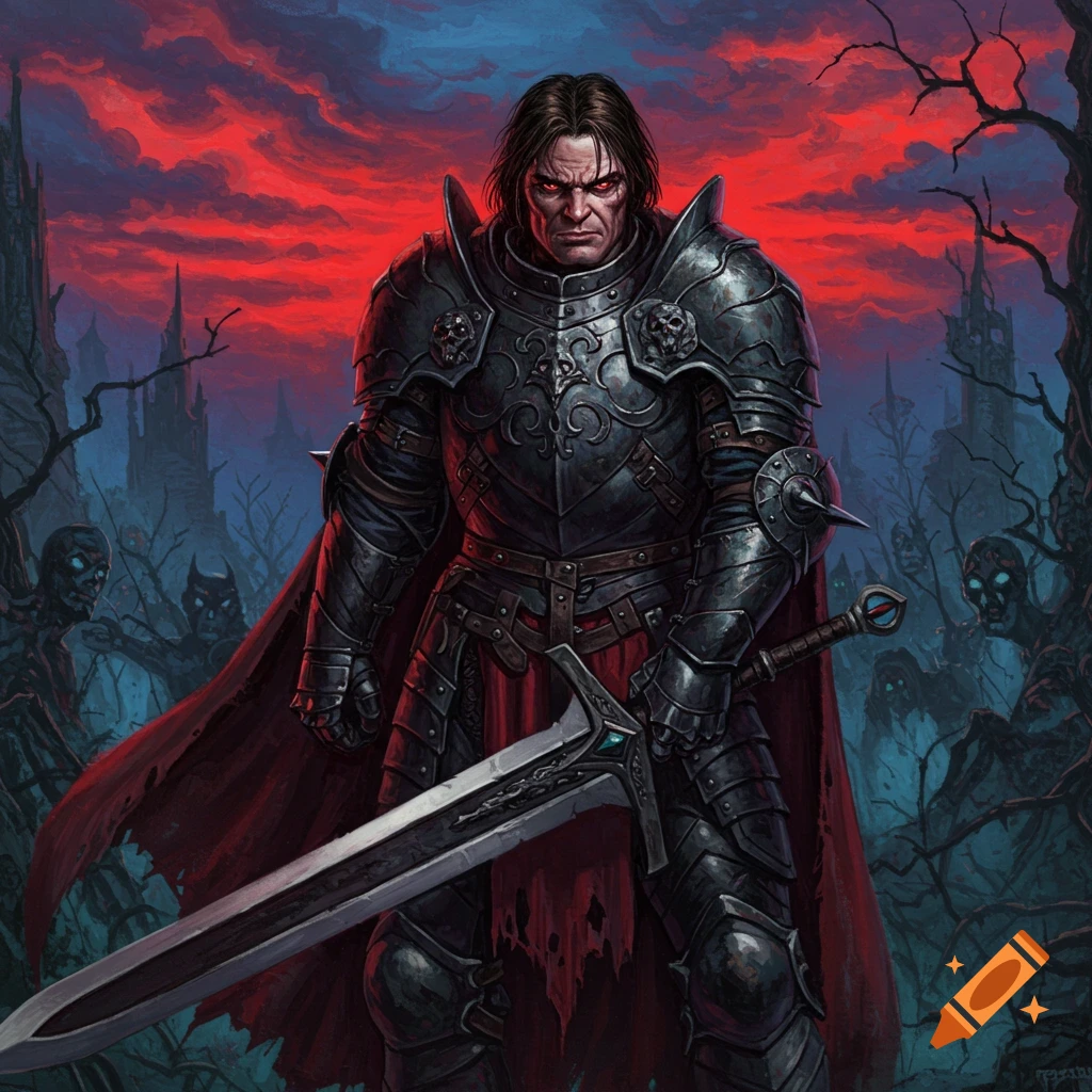 Dark fantasy knight in armor holding a sword against a spooky background with zombies and red sky, Frazetta style artwork.