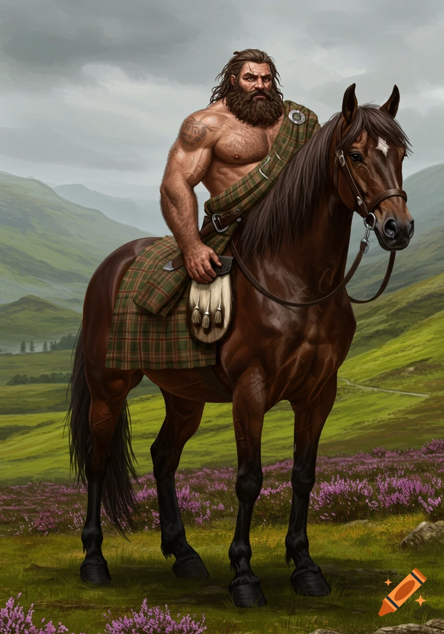 Muscular man in a kilt riding a horse through a hilly Scottish landscape with purple flowers.