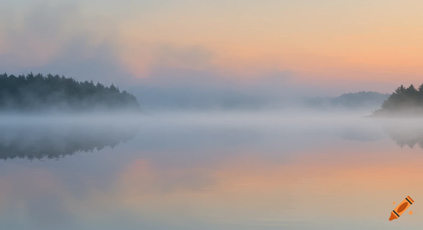 Foggy lake at sunrise or sunset with trees on the shore reflected in the water.