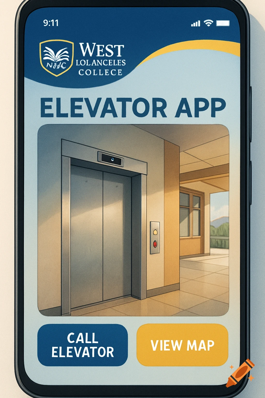 A phone screen displays an illustration of an elevator inside a mobile app interface.