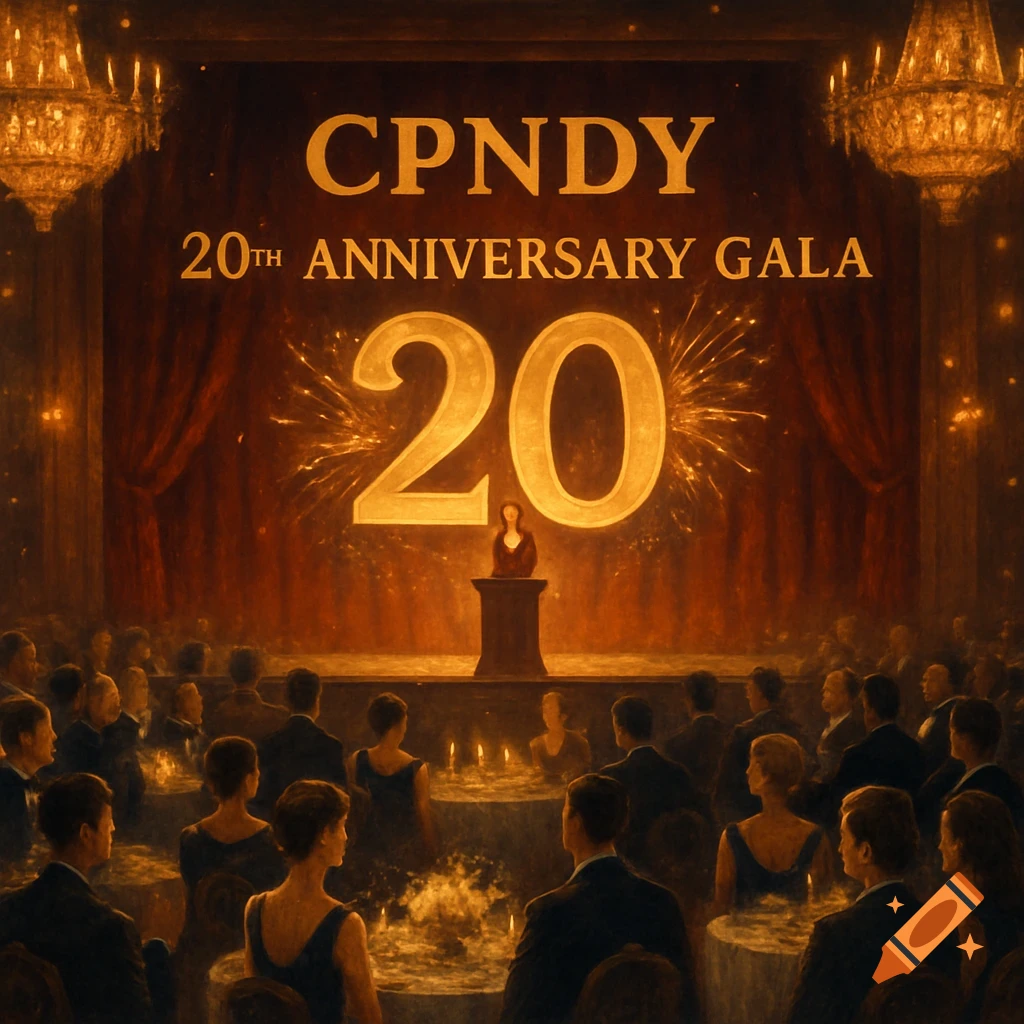 A speaker stands on a stage with a large '20' and 'CPNDY 20TH ANNIVERSARY GALA' banner behind them, addressing an audience.
