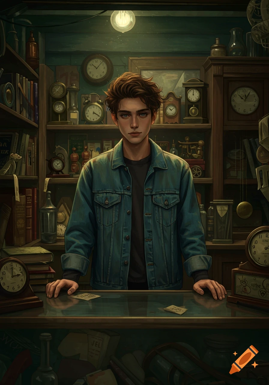 A moody young man stands behind a counter in a cluttered shop filled with clocks, in a stylized painting.