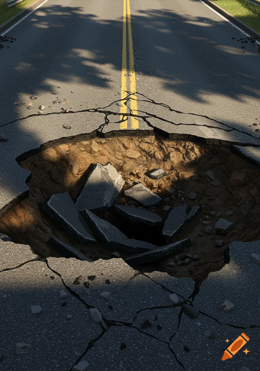 A large sinkhole has opened up, collapsing part of an asphalt road with yellow lines.