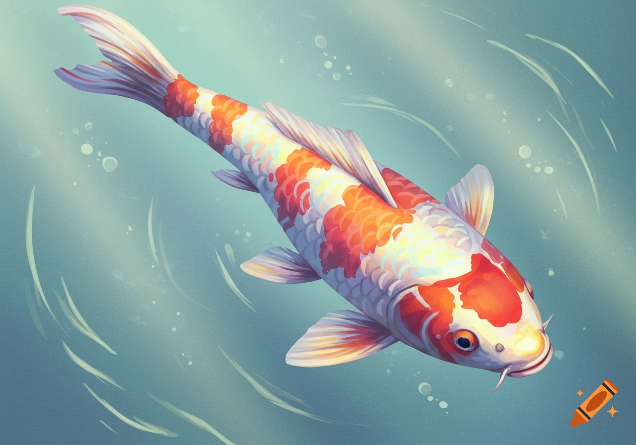 Illustration of an orange and white koi fish swimming in blue water
