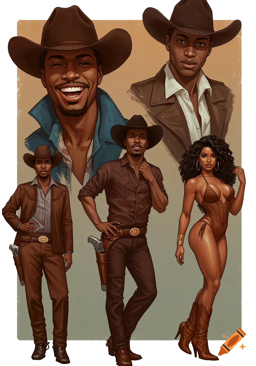 Illustrations of Black cowboys and cowgirls in western attire.
