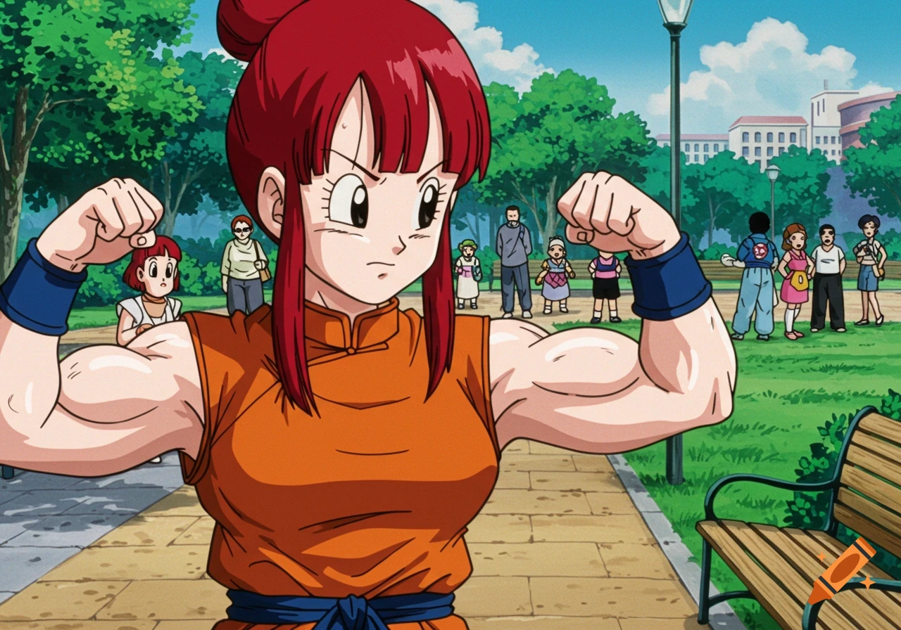 An anime character resembling Chi-Chi flexes her biceps in a park.