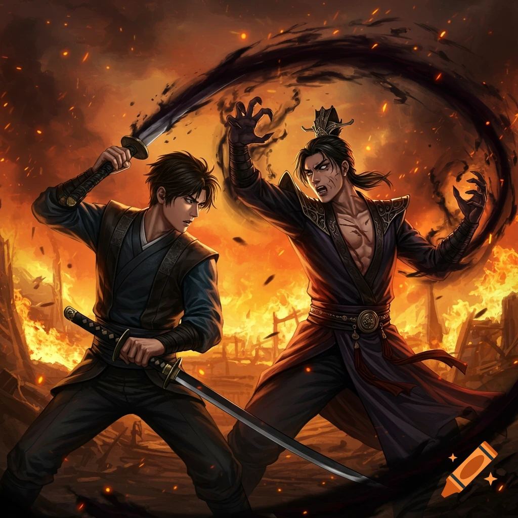 Two people fight with swords and dark energy amidst fire and ruins in a fantasy anime style.