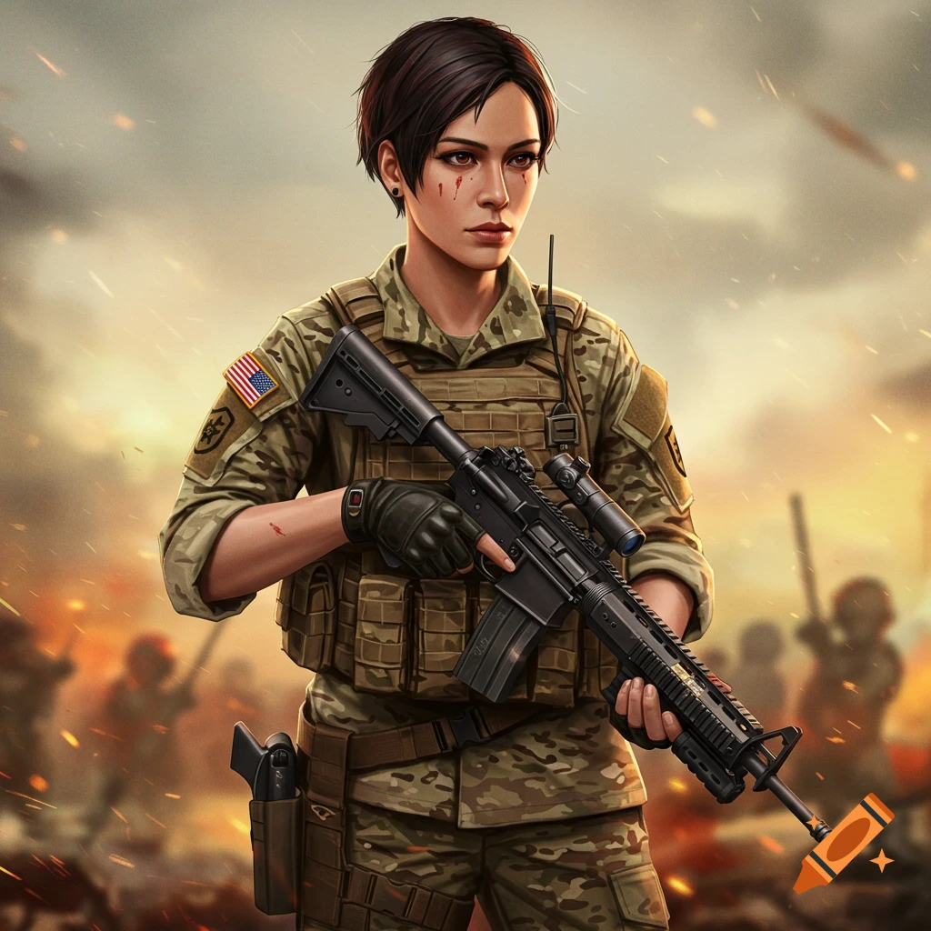 Digital art of a female soldier holding a rifle in a combat zone