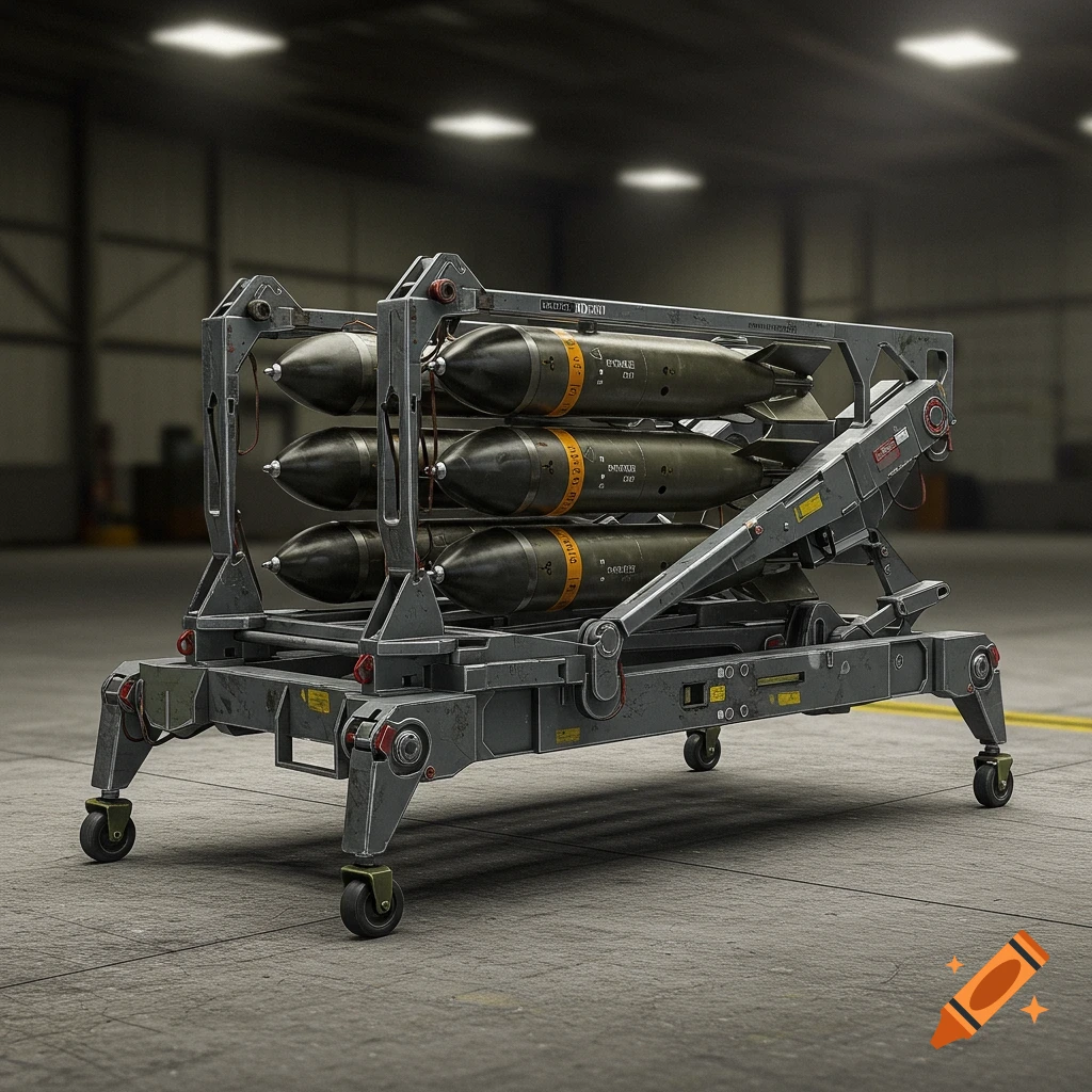 Military bomb rack holding several bombs in a hangar
