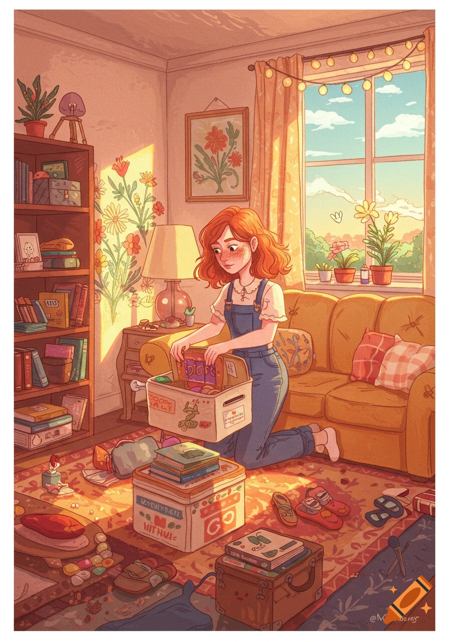 Illustration of a girl packing boxes in a sunny, cluttered room.