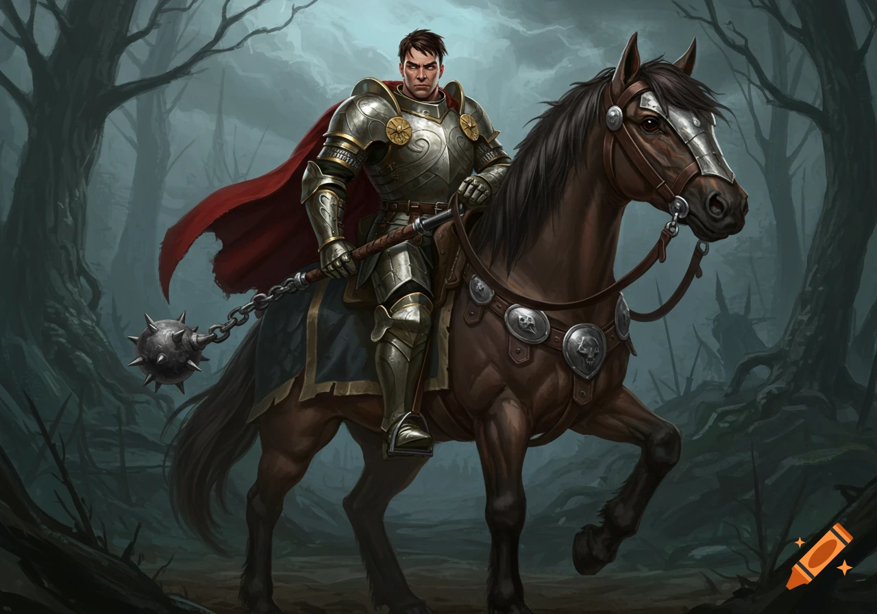 Digital illustration of a knight in armor on a war horse in a dark forest, holding a flail.
