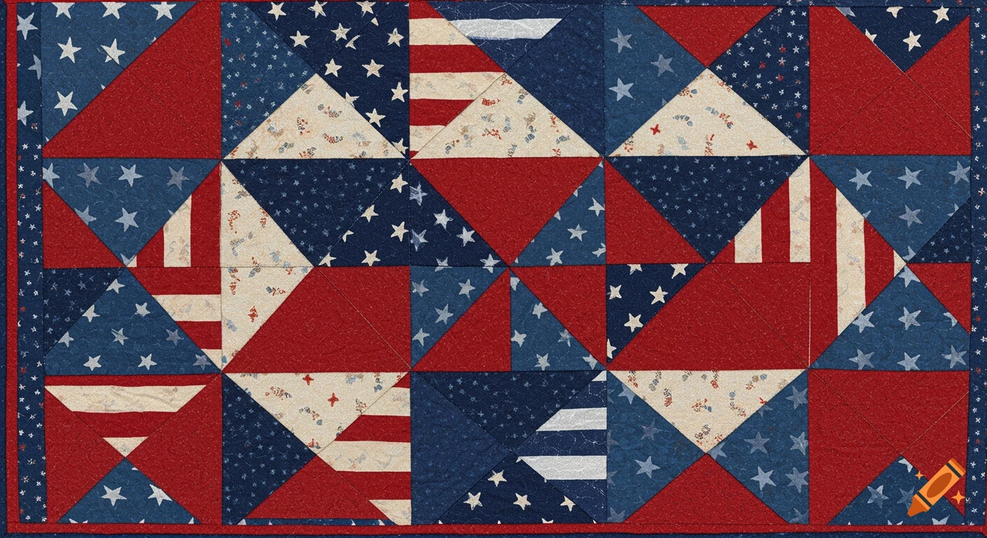 Americana quilted pattern with red, white, and blue stars and geometric shapes.