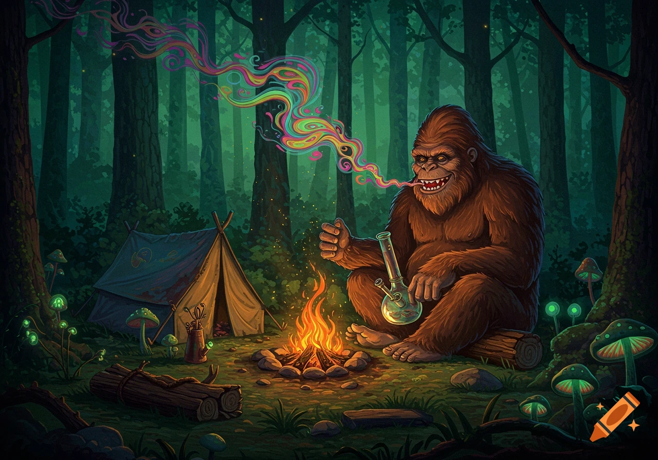 Bigfoot smoking a bong by a campfire at a campsite in a forest with glowing mushrooms.