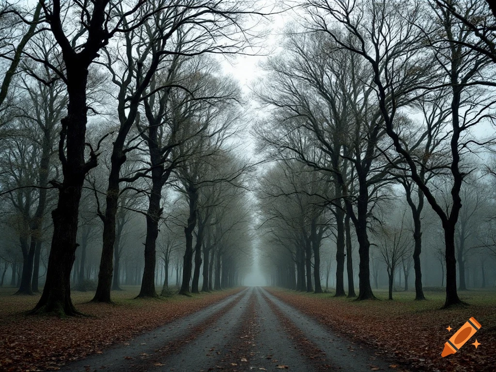 Road through a foggy forest of bare trees with fallen leaves.