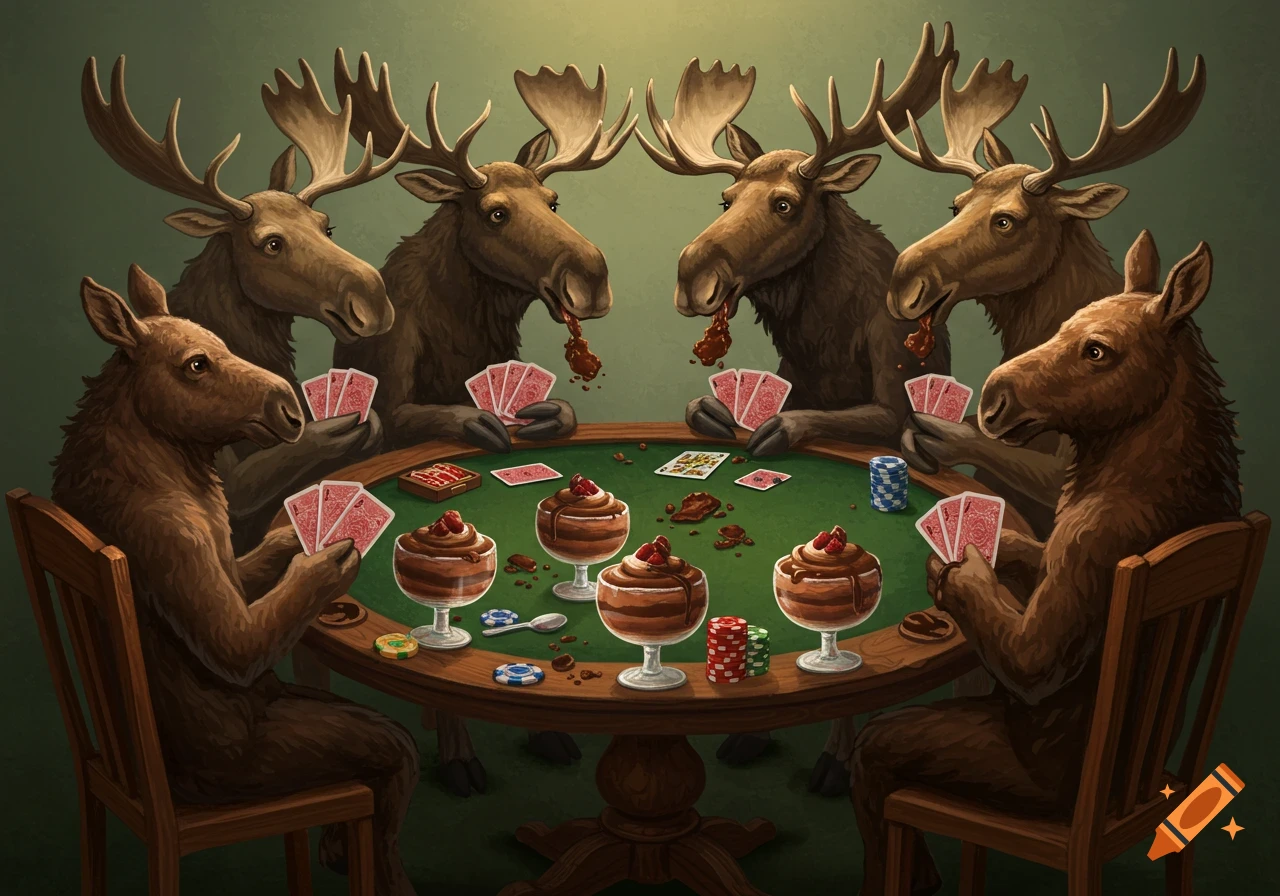 Six moose sit around a poker table with cards and chocolate mousse.